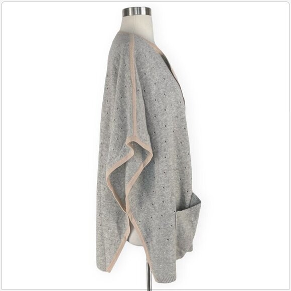 Allude Cashmere Gray Beige Trim Cardigan Ruanna Poncho Sweater Pointelle Knit S - Picture 2 of 4